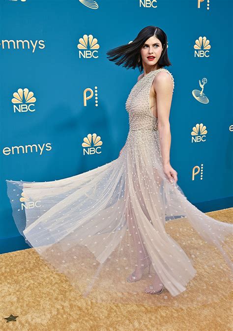 alexandra daddario see through|Alexandra Daddario At Emmys 2022: Sheer Beaded Dress